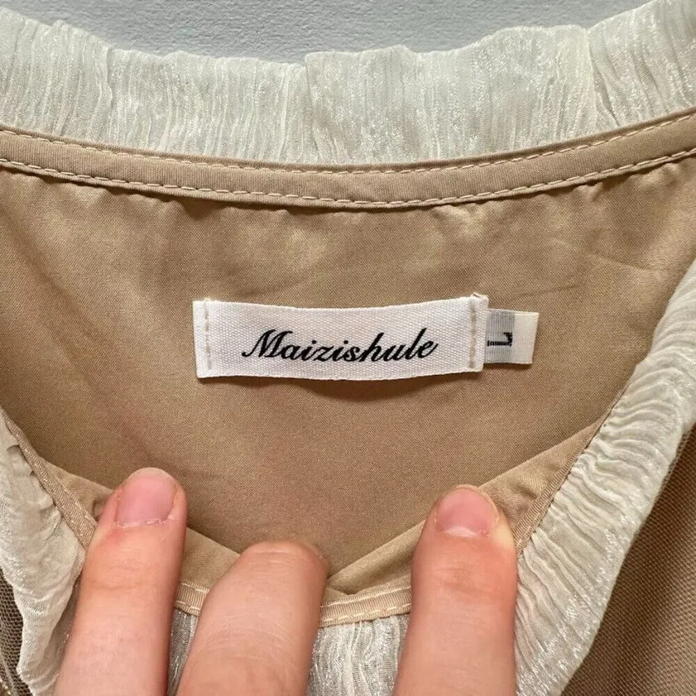 Maizishule Beige Floral Embroidered Midi Dress | Boho Sheer Long Sleeve Size L - Picture 15 of 16